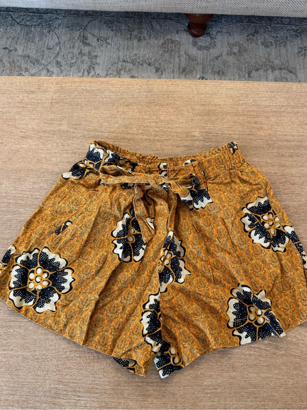 Anthropologie Women’s Mustard Floral Tie-Waist Shorts